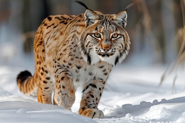 Obraz premium a lynx is running through the snow and looking at the camera