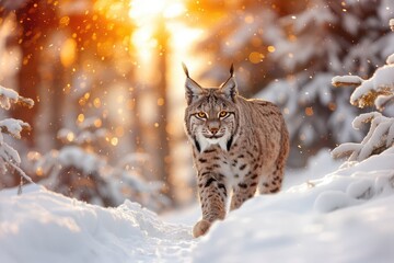 a lynx is running through the snow and looking at the camera