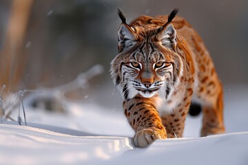 Obraz premium a lynx is running through the snow and looking at the camera