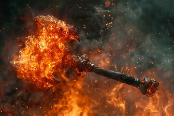 Infernal avenger's mace smoldering with infernal rage, incinerating sinners with divine wrath.