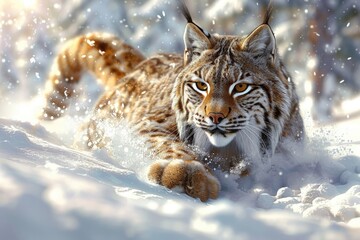 a lynx is running through the snow and looking at the camera