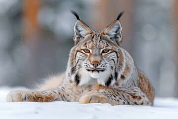 Obraz premium a lynx is running through the snow and looking at the camera