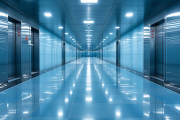 Futuristic Elevator Hallway with Reflective Blue Floors
