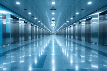 Fototapeta premium Futuristic Elevator Hallway with Reflective Blue Floors