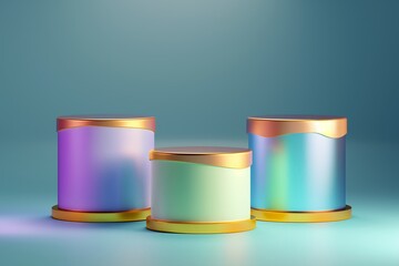 Abstract Design Backdrops. Holographic Cylinders with Metallic Gloss on Blue Gradient.