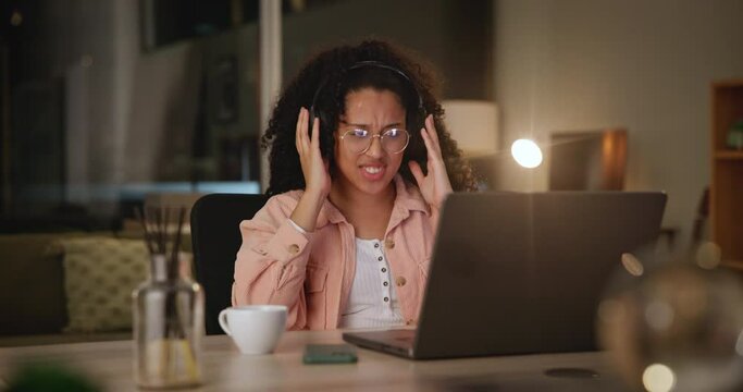 Dance, headphones or happy woman with laptop for music streaming, subscription or wellness at night. Smile, home office or person listening to audio, track or song to relax on remote work break alone