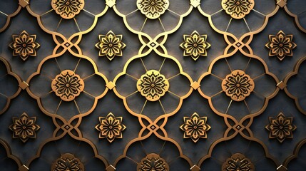 Islamic gold ornament vector on a geometric 3d shape background. Arabic pattern texture with traditional motifs.