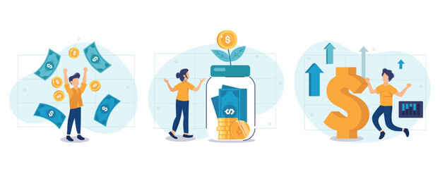 Passive income illustration set. Characters enjoying financial freedom and independence. Successfully and free of debts people planning budget. Vector illustration.