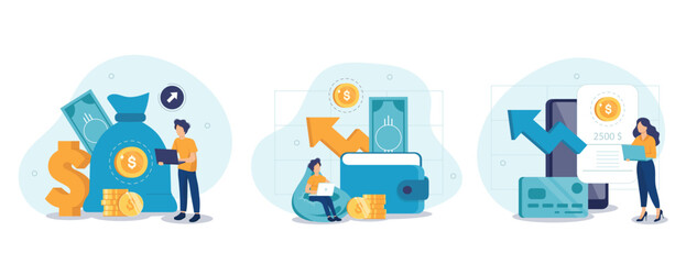 Fototapeta premium Financial illustration set. Characters saving money in cash, credit card or in savings bank accounts. Personal finance management and savings concept. Vector illustration.