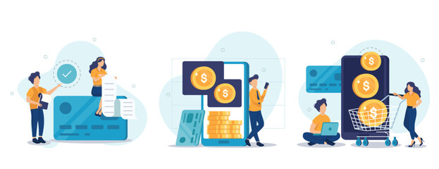 Financial illustration set. Characters paying online and receiving bonus money or reward back on credit card. Cashback, financial savings and money exchange concept. Vector illustration.