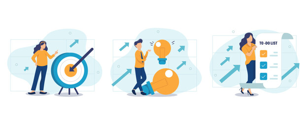 Fototapeta premium Soft skills concept. Business people or employee with self management and scheduling skill. Time management, self-regulation learning, self-discipline and motivation. Flat vector illustration