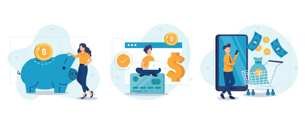 Financial illustration set. Characters paying online and receiving bonus money or reward back on credit card. Cashback, financial savings and money exchange concept. Vector illustration.