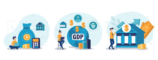 Public finance illustration set. Characters integrating with government institutions. Central bank, federal budget and GDP statistics concept. Vector illustration