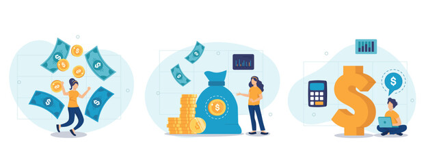 Passive income illustration set. Characters enjoying financial freedom and independence. Successfully and free of debts people planning budget. Vector illustration.