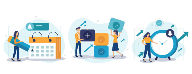 Business illustration set. Self management and multitasking concept. Characters planning and organizing schedule, work task and time management strategy to increase productivity. Vector illustration.