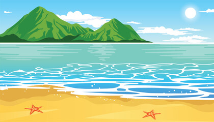 Tropical blue sea and a sand beach with mountain on horizon, vector background.