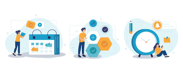 Fototapeta premium Soft skills concept. Business people or employee with self management and scheduling skill. Time management, self-regulation learning, self-discipline and motivation. Flat vector illustration