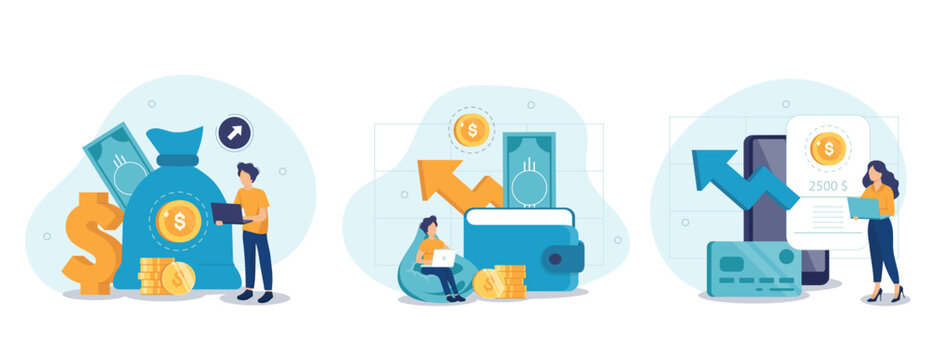 Financial illustration set. Characters saving money in cash, credit card or in savings bank accounts. Personal finance management and savings concept. Vector illustration.