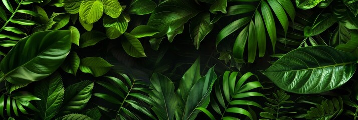 A lush green background with leaves of various sizes. The leaves are all green and appear to be in a jungle setting