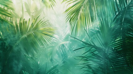 A lush green forest with palm trees and a bright blue sky. Concept of tranquility and serenity, as if one were walking through a peaceful, natural paradise. The vibrant colors of the leaves