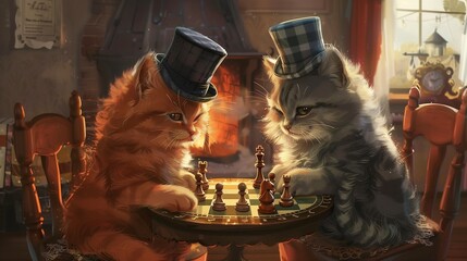 AI generated illustration of Two cats playing chess at table