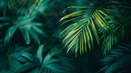Fototapeta premium A lush green background with leaves of various sizes. The leaves are all green and appear to be in a jungle setting