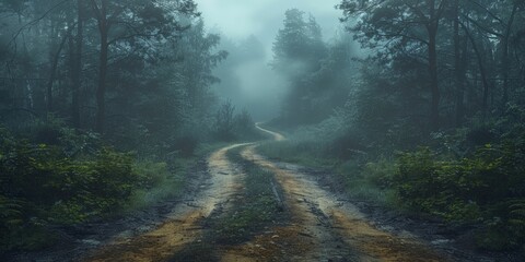 Crossroad in misty forest, representing career choices and directions, in mysterious atmospheric style, perfect for psychological thrillers and decision making workshops.