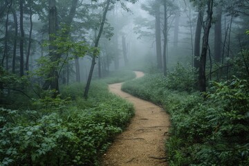 Obraz premium Navigating through misty woods, the winding footpath hints at hopeful journeys towards personal aspirations, veiled in ethereal morning haze.
