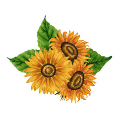 Watercolor sunflowers bouquet, floral arrangement, yellow flowers composition. Hand drawn botanical illustration. Summer flowers drawing. Autumn flowers for postcard, logo, background, pattern.