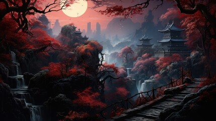 a picture autumnal scene of an asian hillside with stairs and buildings, in the style of dark turquoise and light crimson, northern and southern dynasties