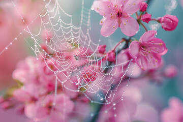 A zoomed-in shot of a dew-covered spiderweb nestled among delicate pink blossoms.