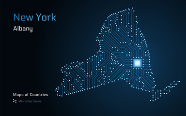 New York State Map with a capital of Albany Shown in a Microchip Pattern with processor. E-government. World Countries vector maps.	