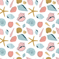 Seamless vector pattern with a variety of seashells.