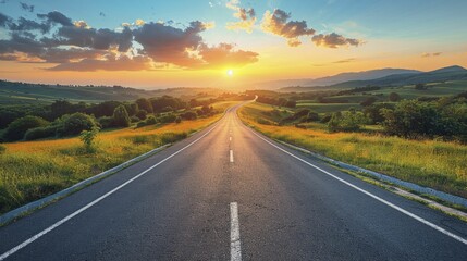 Fototapeta premium Embark on a captivating journey towards personal and professional success with this scenic sunset highway vista, ideal for automotive ads and travel stories.