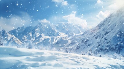 Fototapeta premium A snowy mountain landscape with a clear blue sky. The snow is falling and the mountains are covered in snow