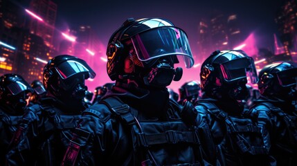 a illustration riot police full of bright colors in the style of terror wave