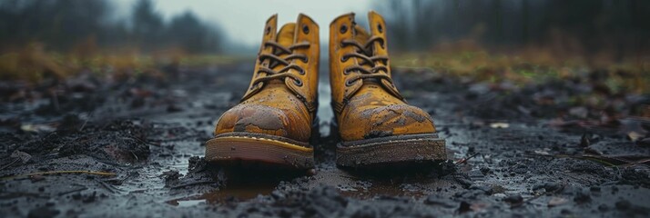 Step by step in battered footwear on a dusty path, recounting a journey to triumph, embracing nostalgia for memoirs and inspiring talks. - obrazy, fototapety, plakaty