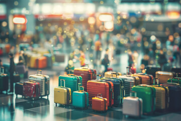 A row of colorful suitcases are lined up on a floor