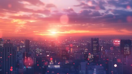 A city skyline with a sunset in the background. The sky is filled with a mix of colors, including pink and orange, creating a warm and serene atmosphere