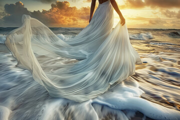 A woman in a white dress is walking on the beach
