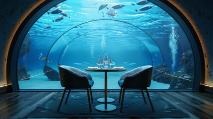 A table with two chairs and a white tablecloth in an underwater restaurant. The aquarium is filled with colorful fish swimming around. The scene is calm and relaxing