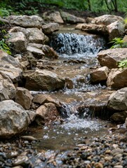 Small cascade flowing over rocks in a forest setting.