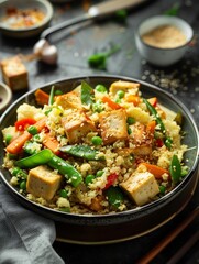 A healthy mix of tofu, broccoli, and peppers with quinoa.