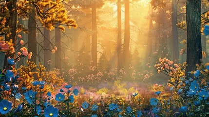 fantasy fabulous wide panoramic photo background with autumnal pine tree forest, summer rose and bluebell campanula flower bush. 3D illustration.background,environment,future imagine