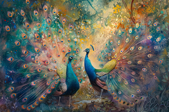 Two peacocks are standing next to each other in a colorful painting