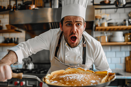 A chef is holding a pan of pancakes and is making a funny face