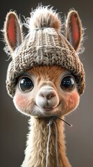 Fototapeta premium A cute cartoon lama in a knitted hat, featuring prominent ears, set against a plain backdrop.