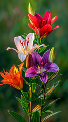 Vibrant and colorful lilies in full bloom captured with a green blurred background, highlighting the flowers