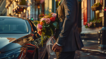 man stands beside a car and places a vibrant bouquet of flowers on its roof.