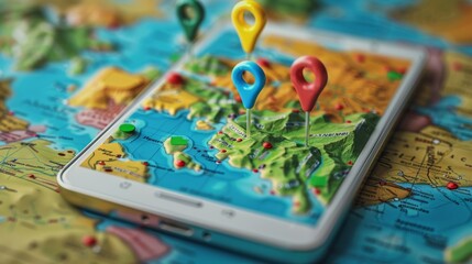 Digital Travel Planning with Map Pins on Tablet